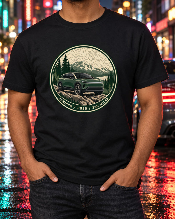 Tesla Model Y Juniper Trail Badge Topographic Contour Shirt T-Shirt Black worn hero