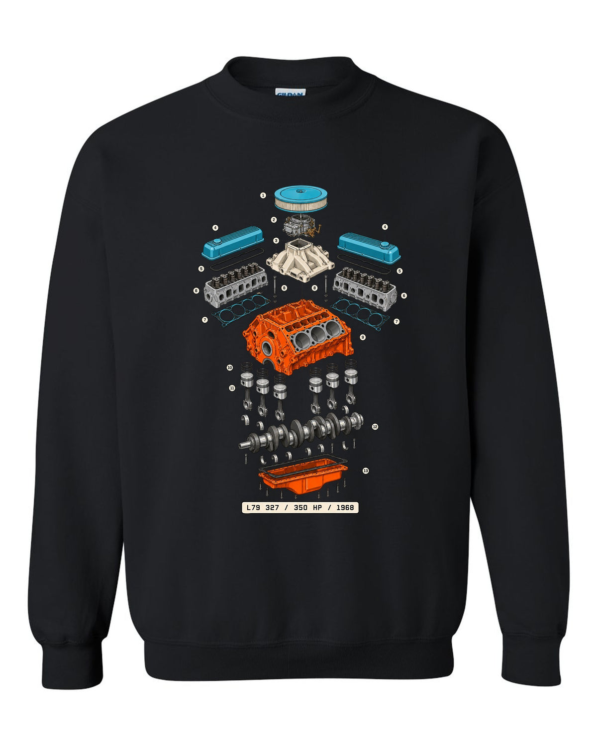 Exploded cutaway print of a 1968 Chevrolet Nova L79 327 engine with the text 350 HP, 1968 black crewneck front view with the design