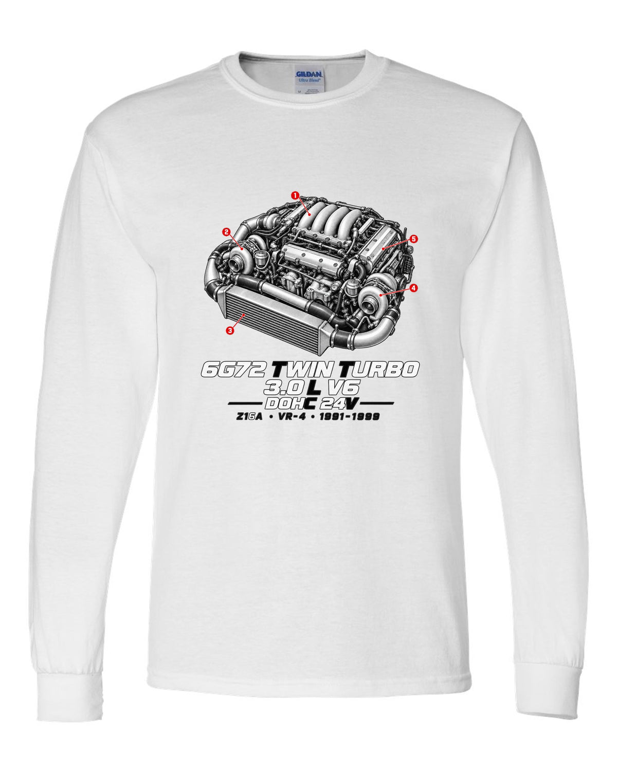 Mitsubishi 3000GT VR-4 Z16A engine bay with 6G72 twin turbo V6 specs white long sleeve front view with the design