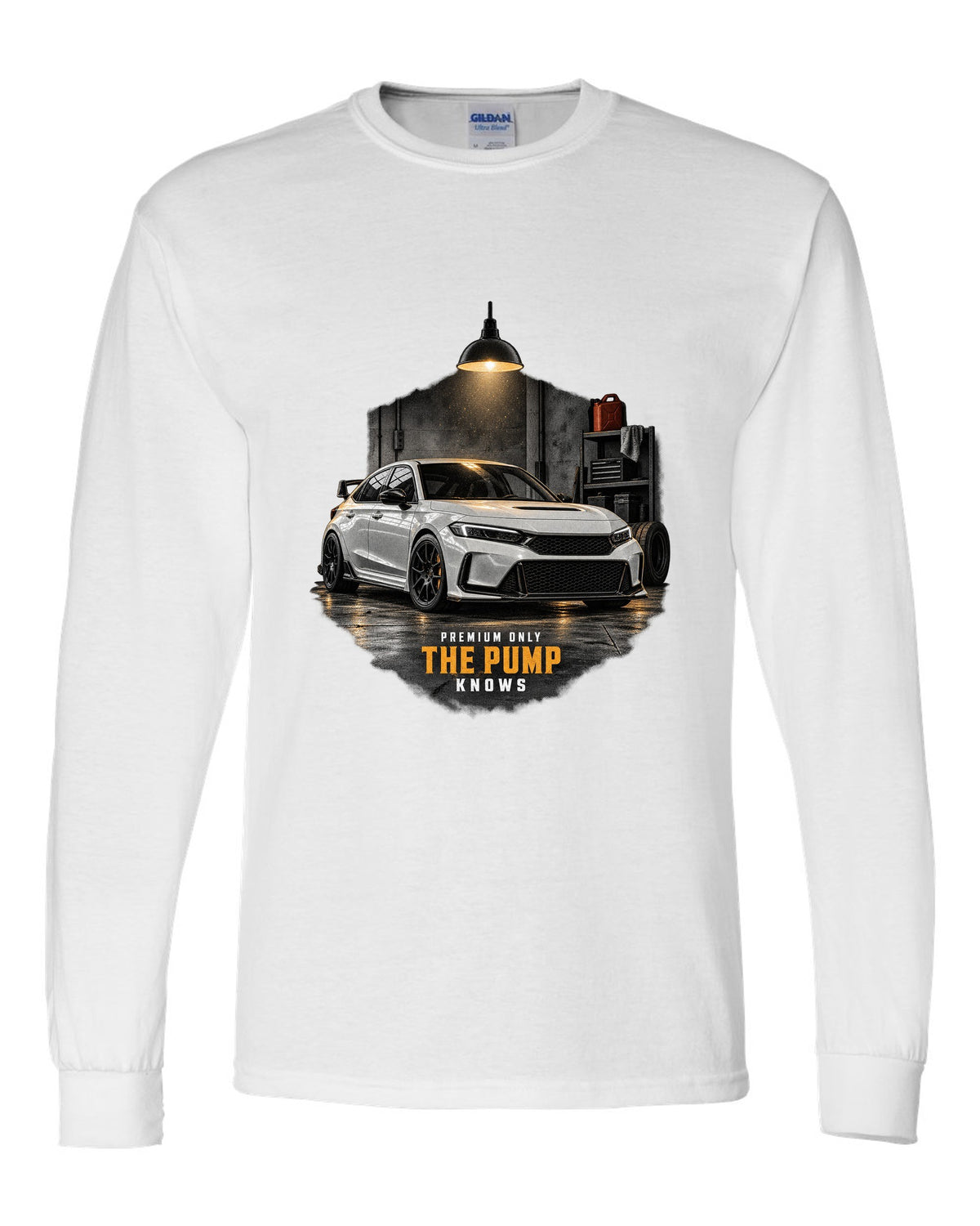 Honda Civic FL5 chback garage night design with premium only 98 octane text white long sleeve front view with the design