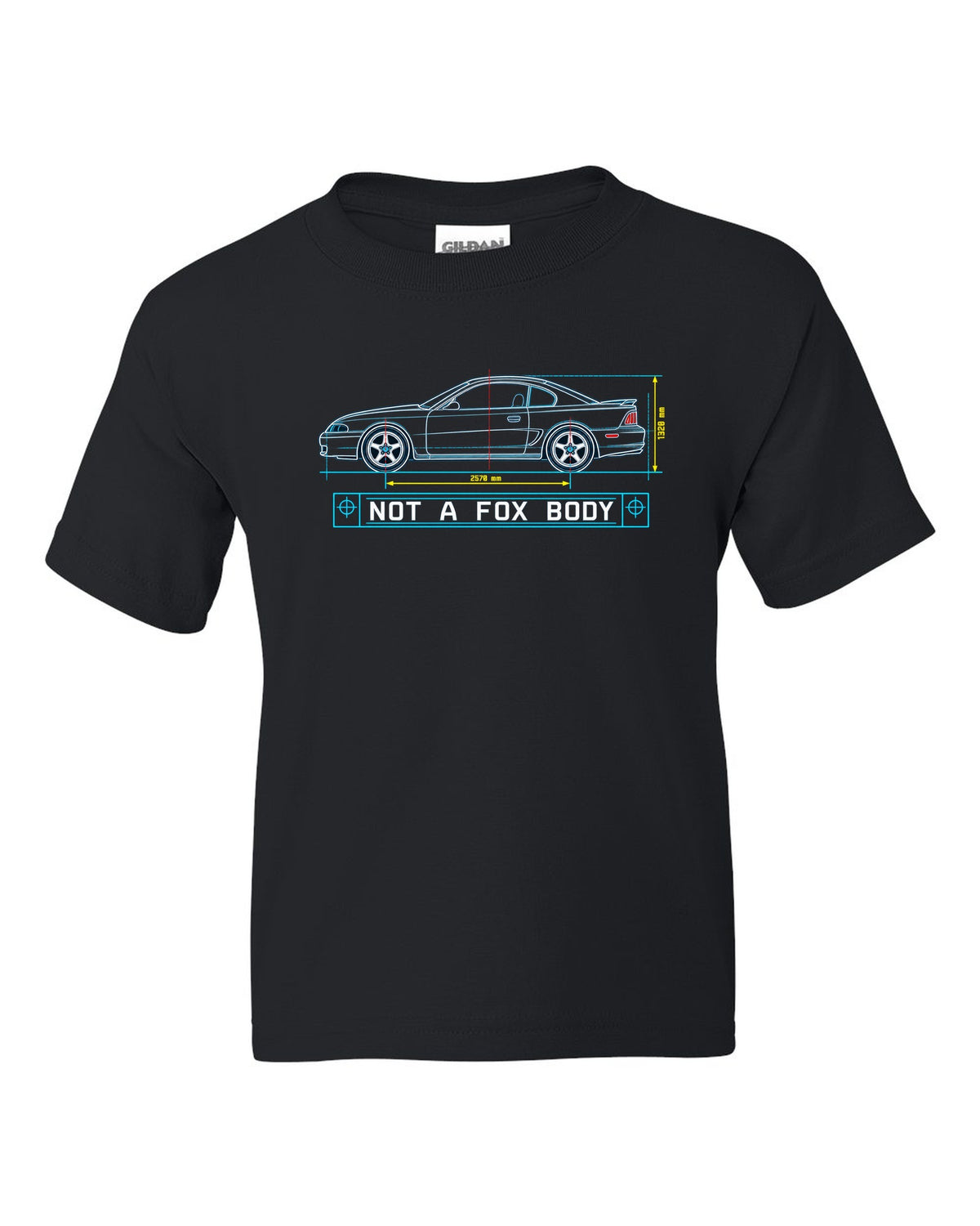 1994-98 SN95 Mustang Coupe Blueprint black kids tee front view with the design