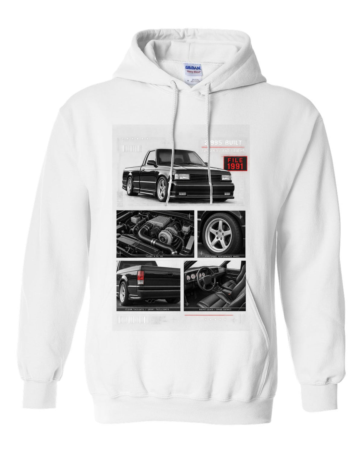Dossier-style print of a 1991 GMC Syclone with detail panels white pull over hoodie front view with the design