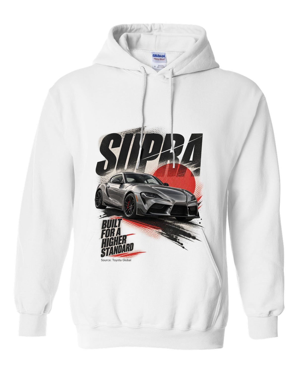 Interior cockpit and gauge view of the Toyota GR Supra A91-MT with rev-match text white pull over hoodie front view with the design
