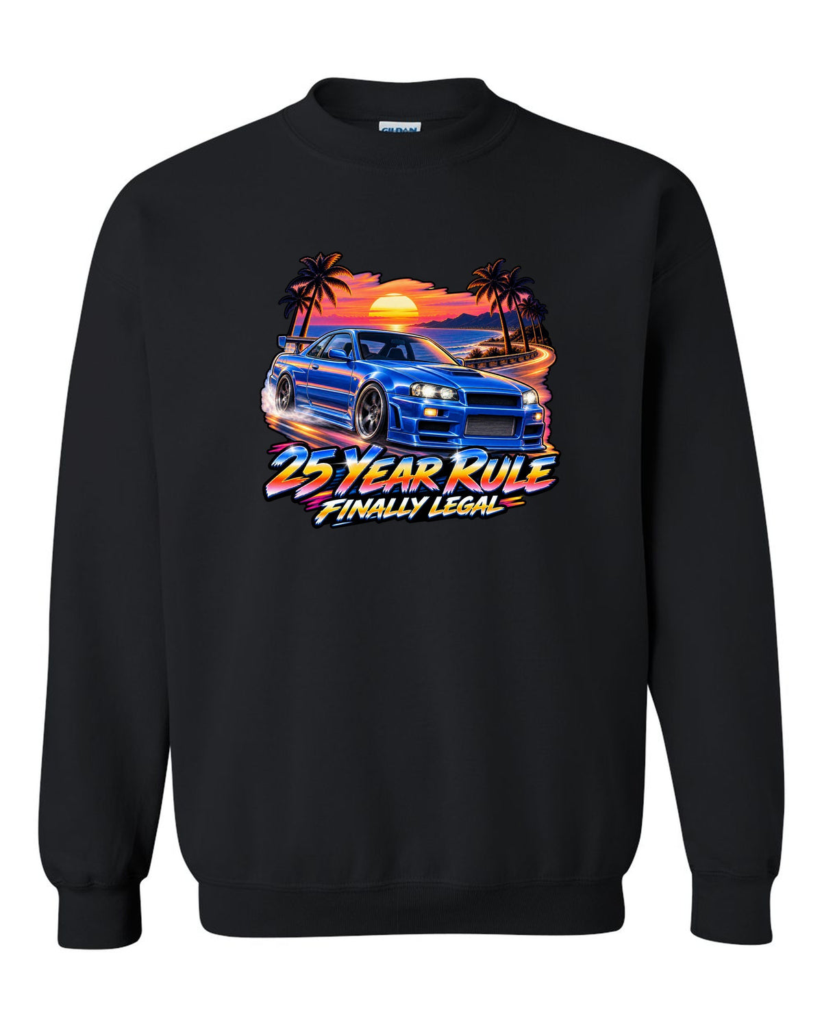 Retro airbrush sunset poster print of a Nissan Skyline GT-R R34 BNR34 with 25 year rule text black crewneck front view with the design