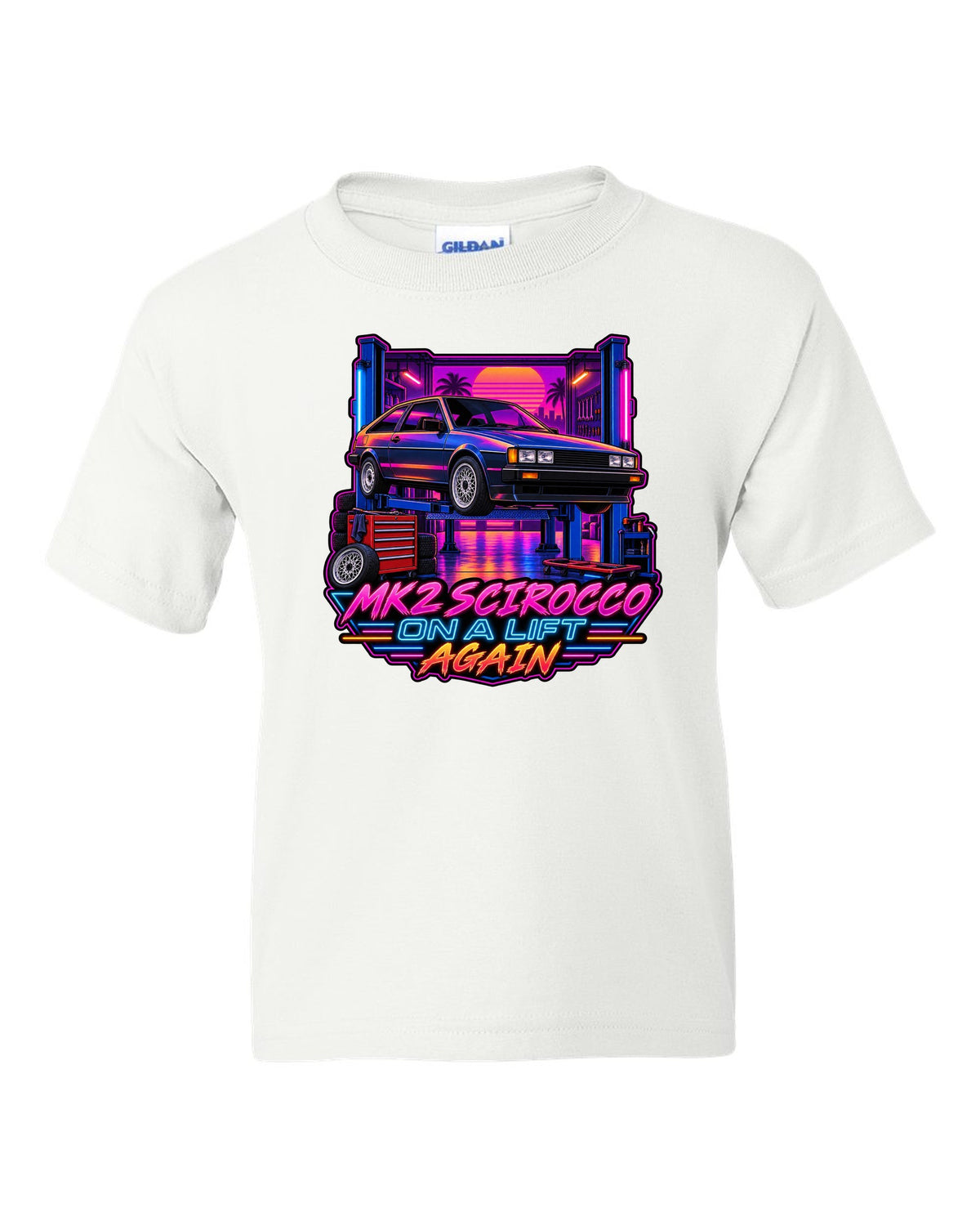 Synthwave outrun style VW Scirocco Mk2 with Mk2 Scirocco on a lift again text white kids tee front view with the design
