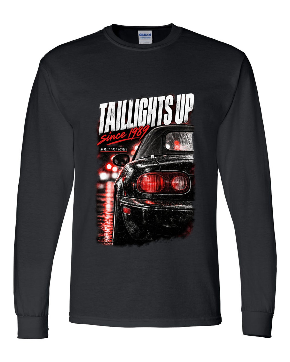 Taillight macro print for the Mazda MX-5 NA 1989-97 with NA6CE, 1.6L and 5-speed lettering black long sleeve front view with the design