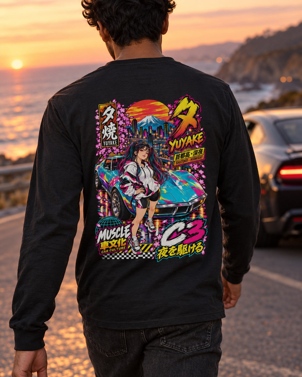 YUYAKE C3 Anime Girl Full-Back Graphic Tee Long Sleeve Black worn hero