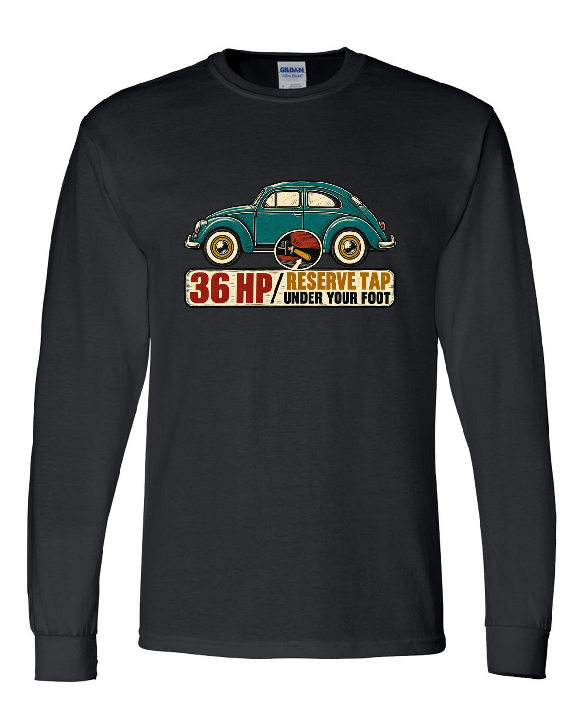 Multi-colour linocut of a 1955 oval-window VW Beetle with reserve tap lettering black long sleeve front view with the design