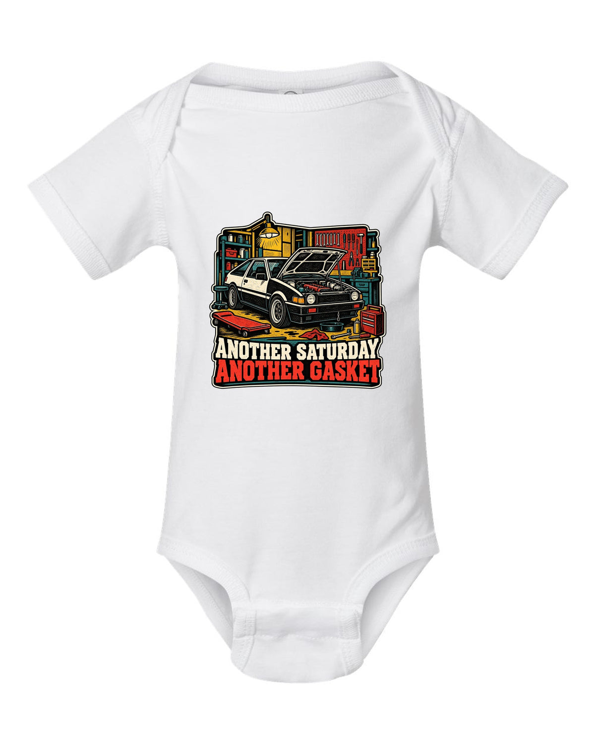 Linocut woodcut-style Toyota Corolla Levin AE86 with garage Saturday slogan white baby onesie front view with the design