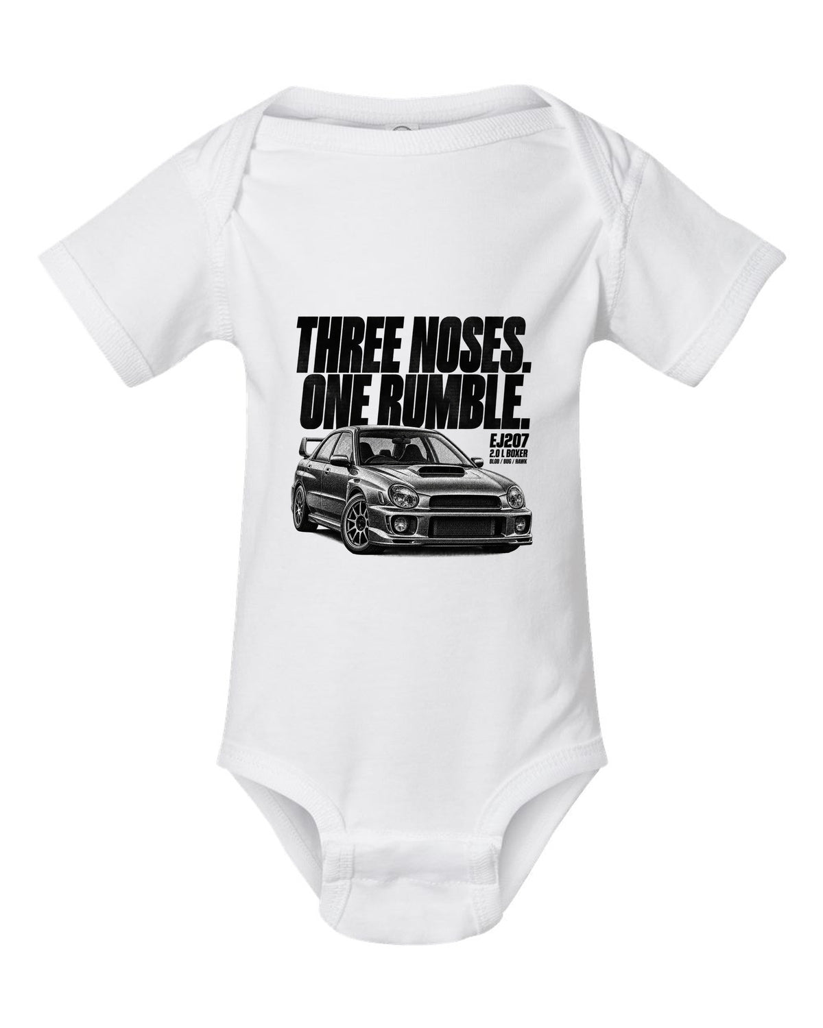 Halftone print of a Subaru Impreza WRX STi GDB with Blob Bug Hawk lettering white baby onesie front view with the design