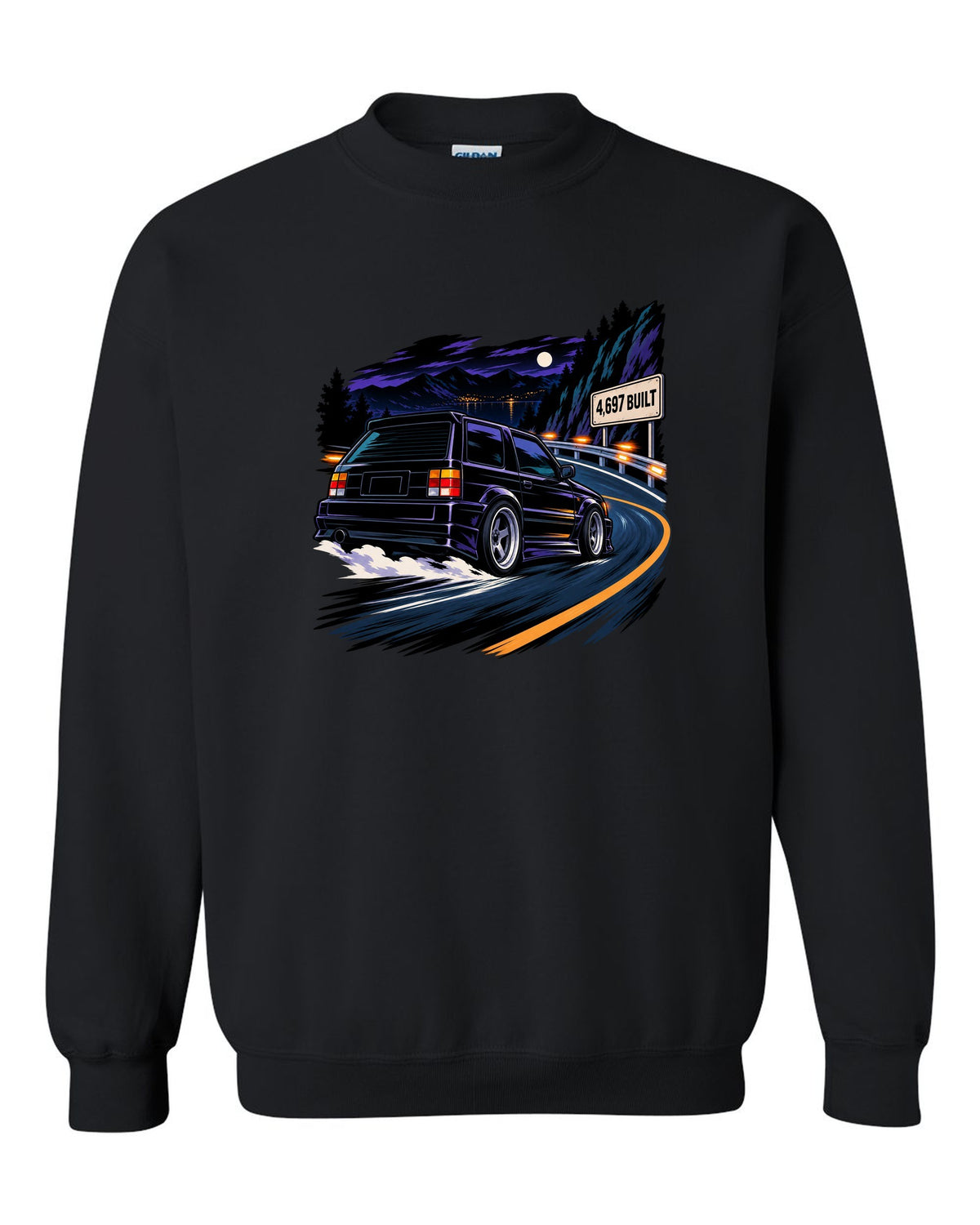 Cel-shaded 90s anime night touge scene with a 1992-93 GMC Typhoon and 4,697 BUILT text black crewneck front view with the design