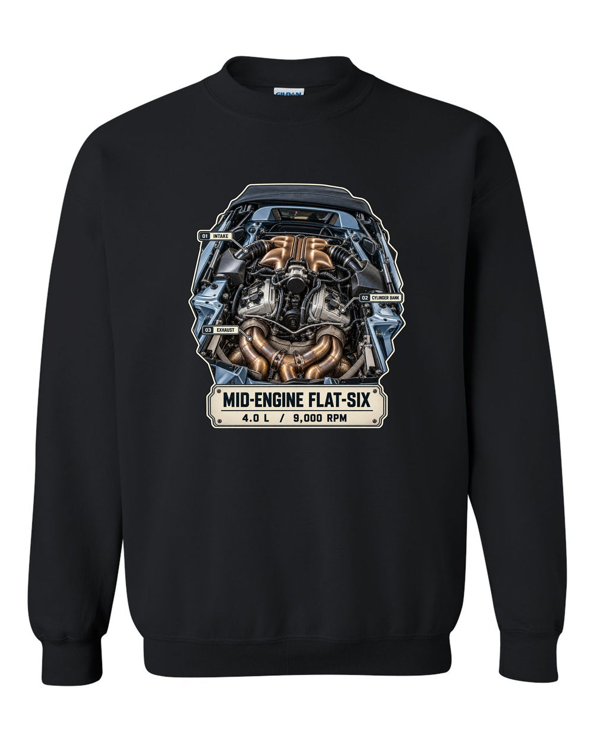 Engine hero print of a Porsche 718 Spyder RS 982 showing the mid-engine 4.0 L flat-six black crewneck front view with the design
