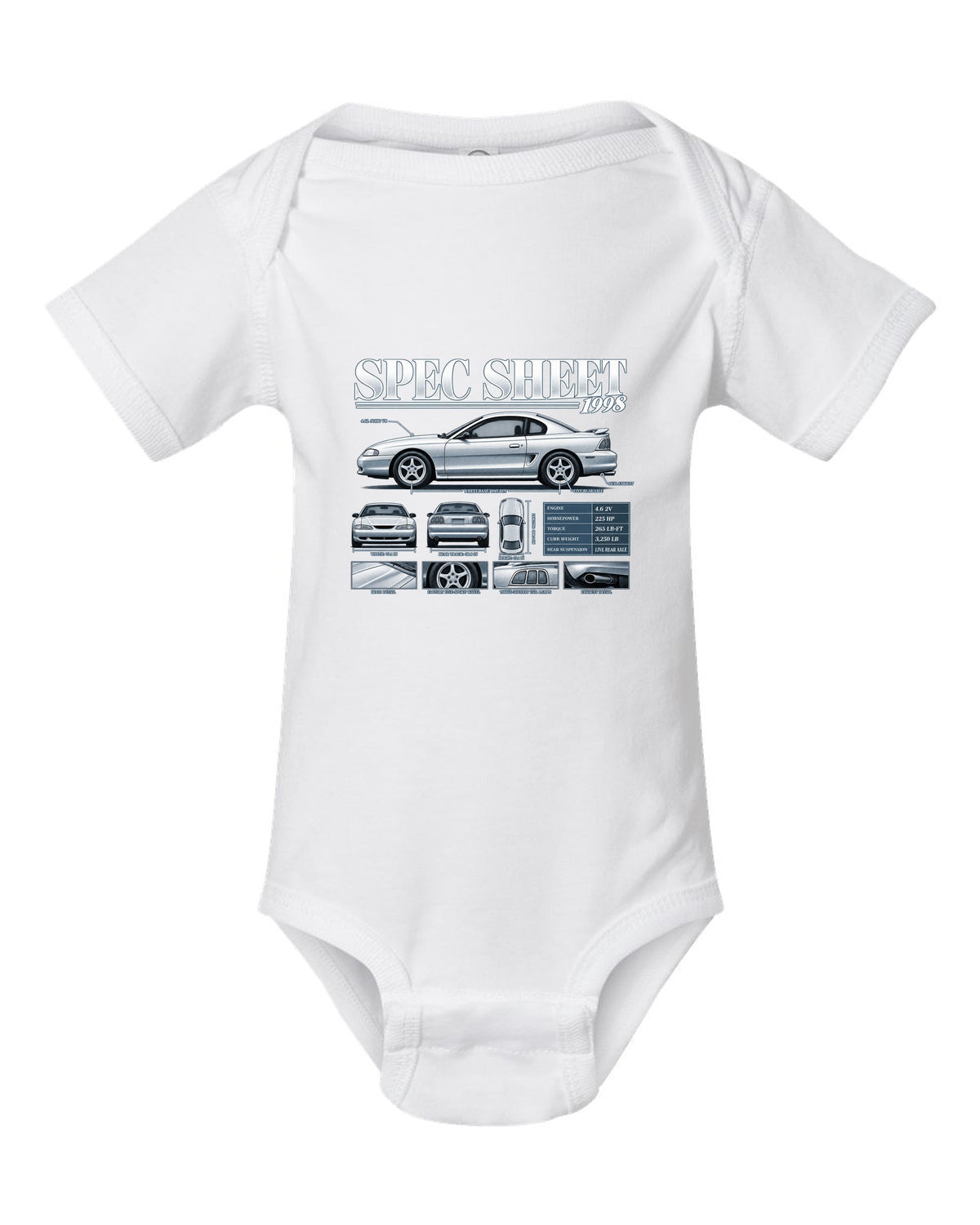 Spec sheet poster print of a 1998 SN95 Ford Mustang GT coupe white baby onesie front view with the design
