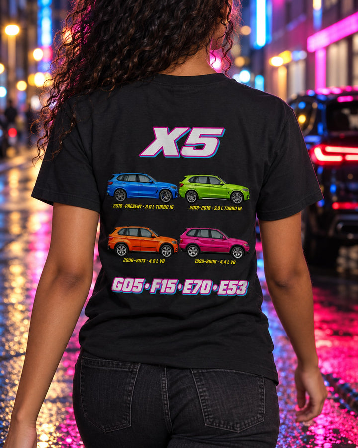 BMW X5 Evolution Poster Full-Back Graphic Tee T-Shirt Black worn hero