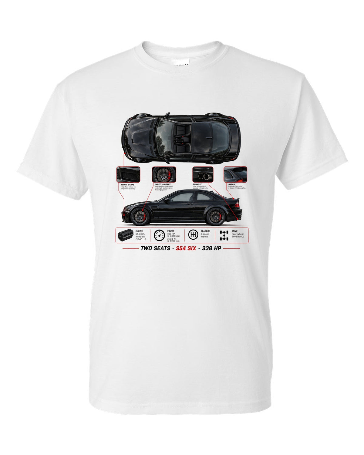 BMW Z4 M Coupe E86 spec poster print with two seats S54 six 338 hp white t-shirt front view with the design