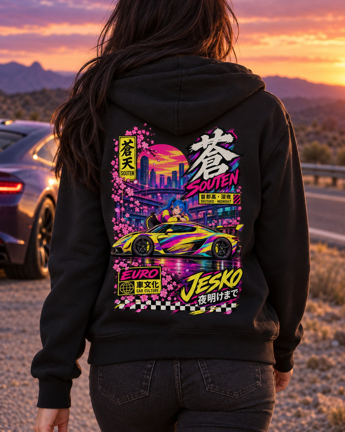 SOUTEN JESKO Anime Girl Full-Back Graphic Tee Zip Hoodie Black worn hero