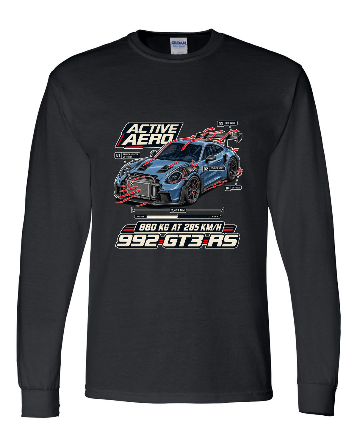 Porsche 992 GT3 RS aero and cutaway callouts print design black long sleeve front view with the design