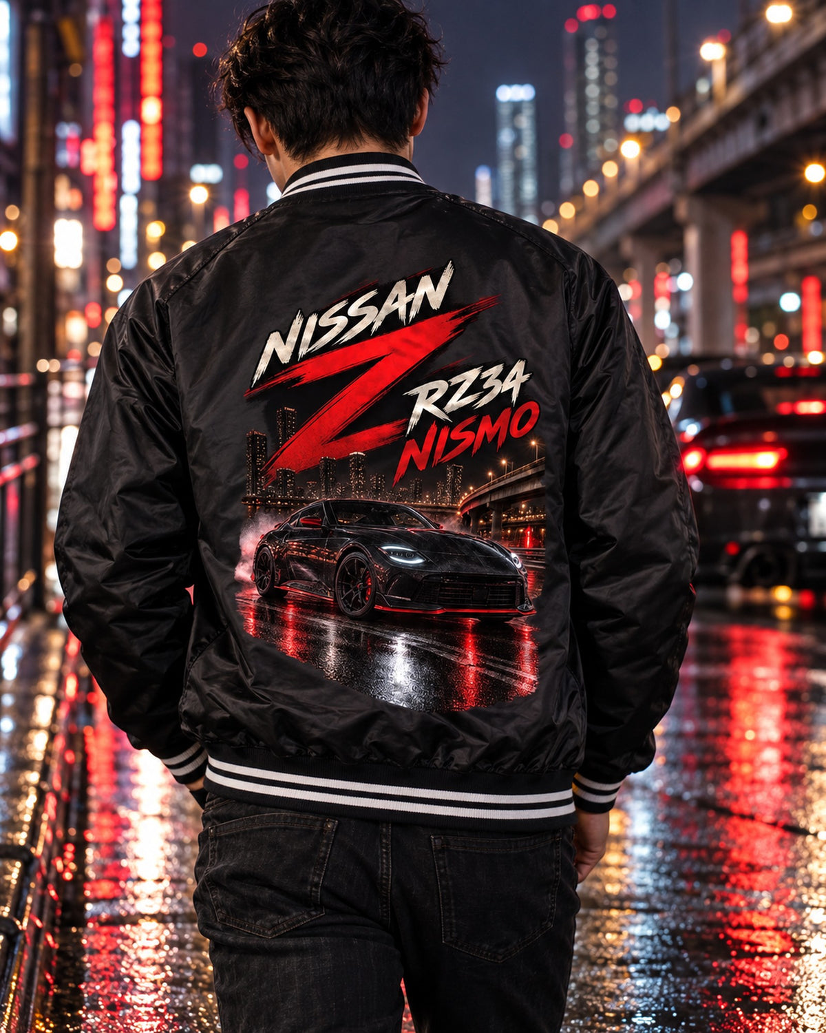 Nissan Z RZ34 Spec Poster Tee, 2022 Debut VR30DDTT Bomber Jacket Black worn hero