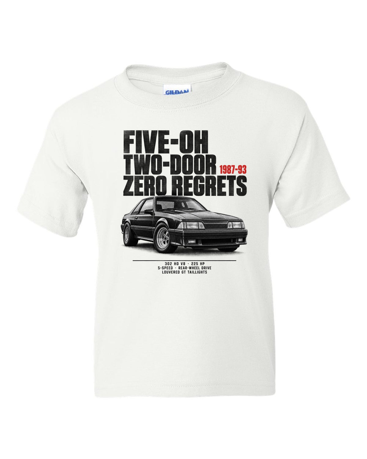 Halftone illustration of a Ford Mustang Fox body notchback with five-oh two-door lettering white kids tee front view with the design