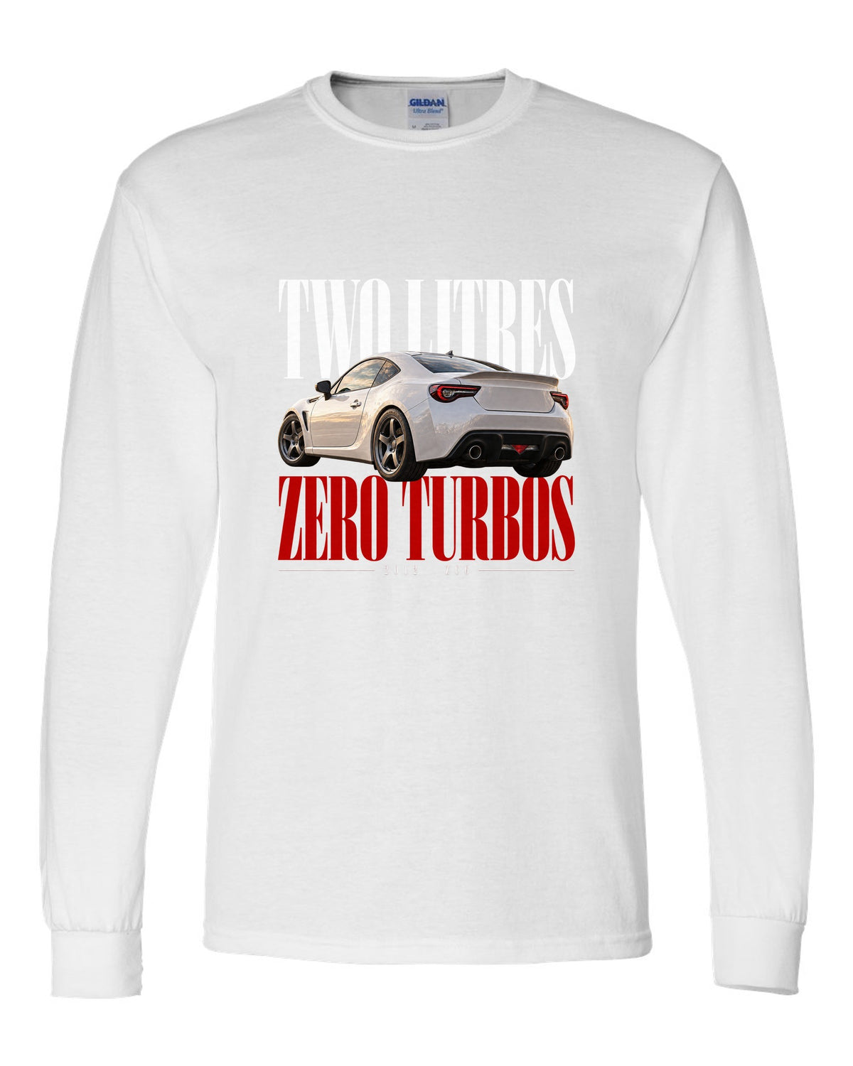 Editorial headline print for the Subaru BRZ ZC6 reading Two Litres, Zero Turbos, ZC6, 2012 white long sleeve front view with the design