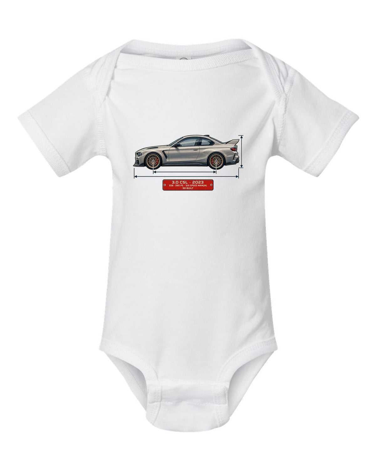 BMW 3.0 CSL 2023 dimension blueprint print white baby onesie front view with the design