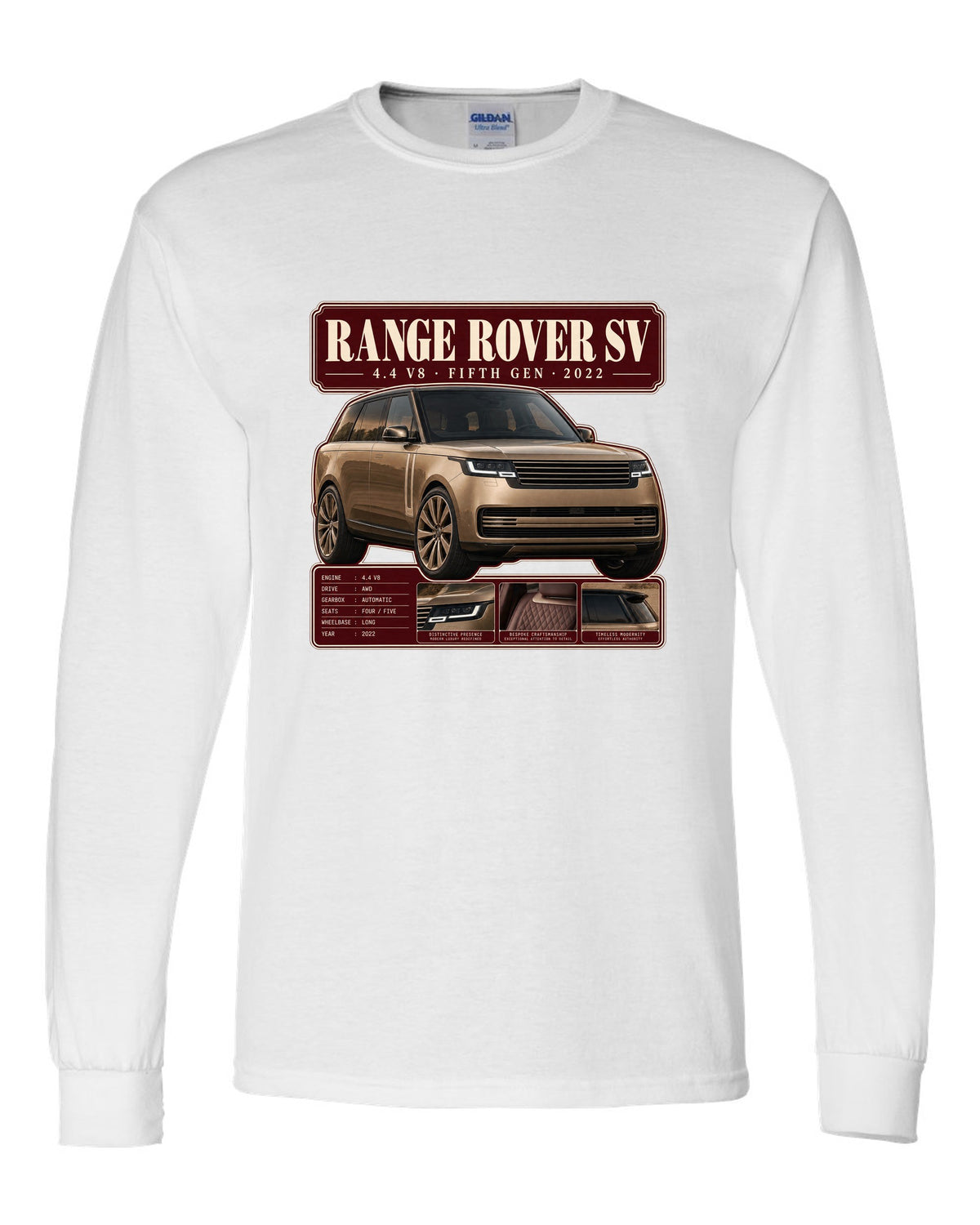 Archive panel print of the Range Rover SV L460 with 4.4 V8 and fifth generation white long sleeve front view with the design
