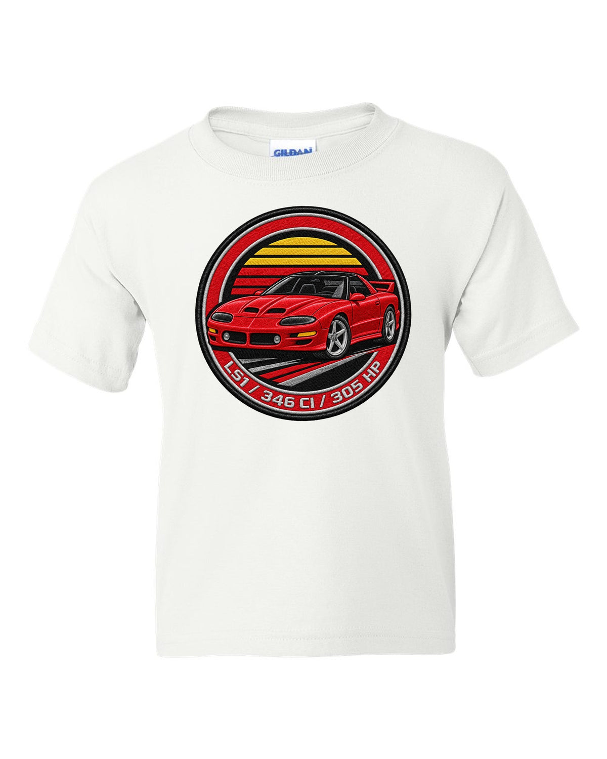 1998 Camaro SS fourth-generation in an embroidery round crest with text LS1 346 CI 305 HP white kids tee front view with the design