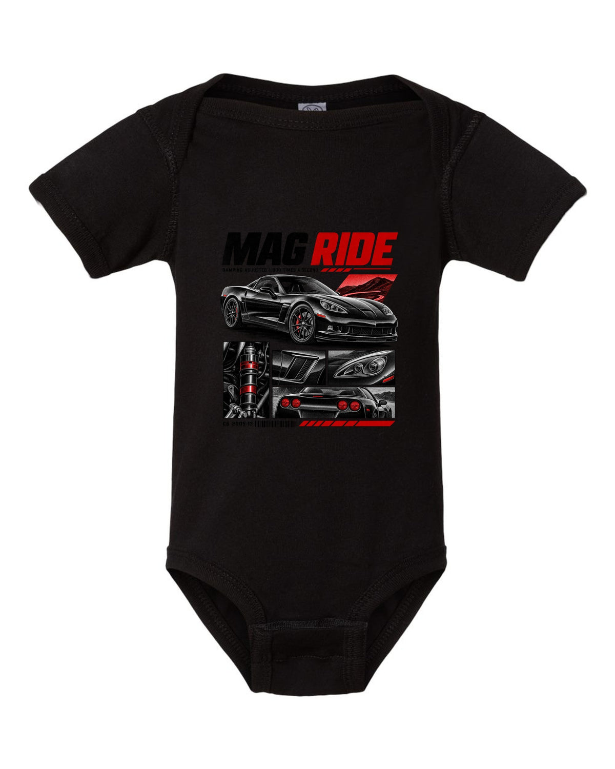 Corvette C6 coupe in dossier panels with magnetic ride text black baby onesie front view with the design