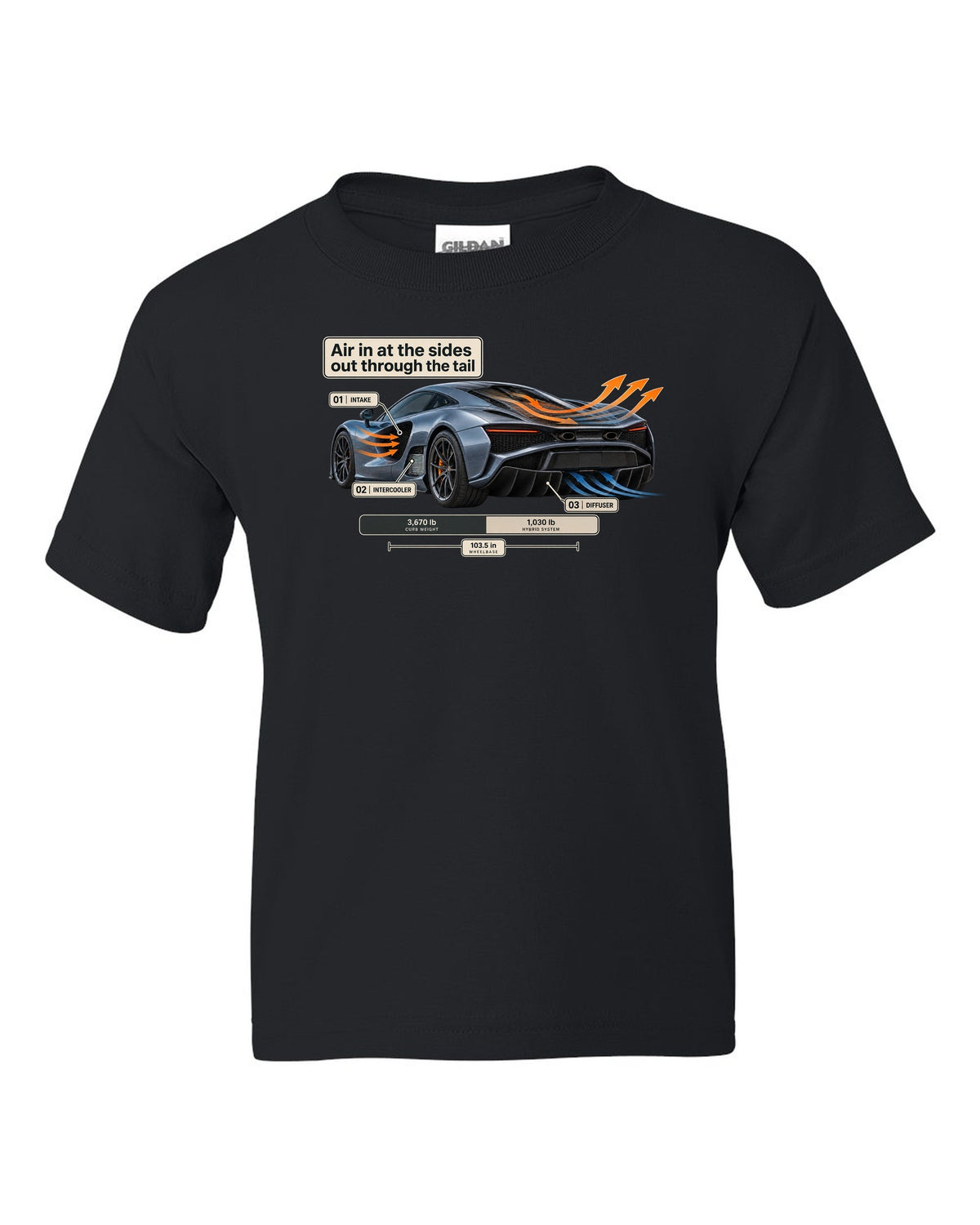 Aero cutaway print of a 2019 Acura NSX NC1 with airflow callouts black kids tee front view with the design