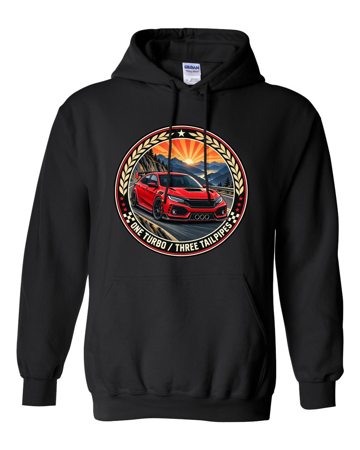 Original crest layout print for the Honda Civic Type R FK8 with one turbo three tailpipes text black pull over hoodie front view with the design