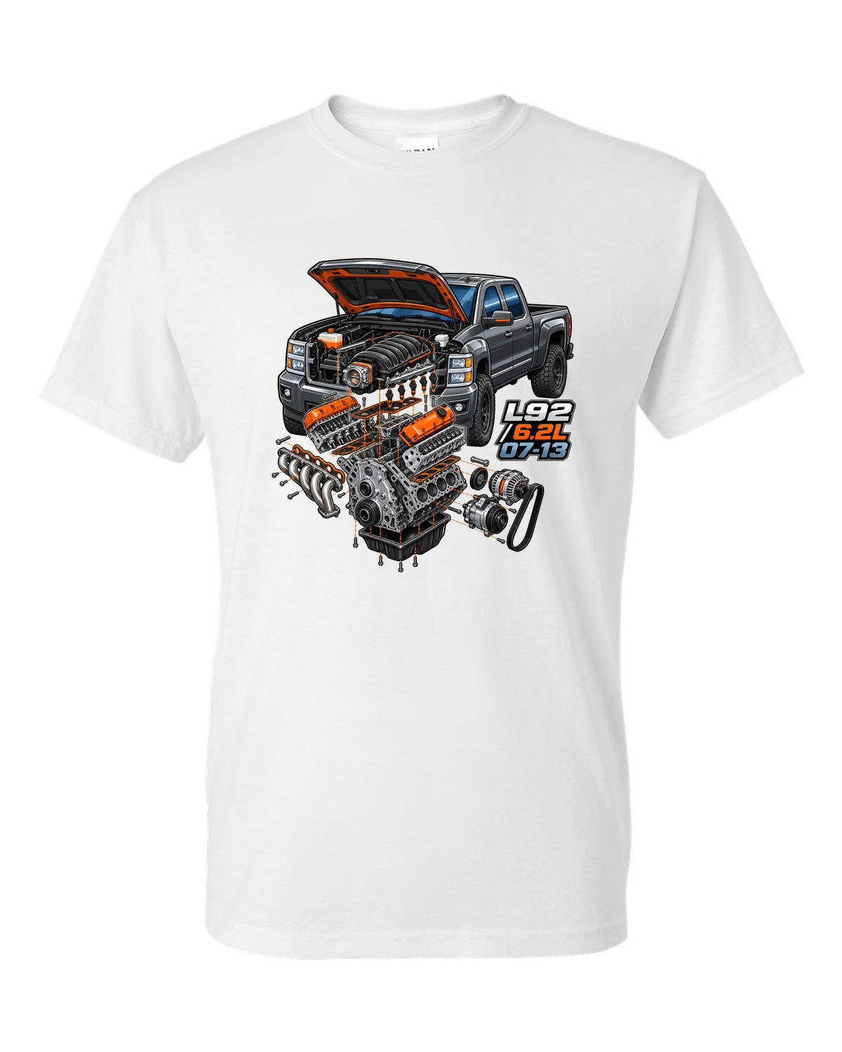 Isometric exploded engine cutaway print for a 2007-2013 Chevrolet Silverado GMT900 with L92 6.2L text white t-shirt front view with the design