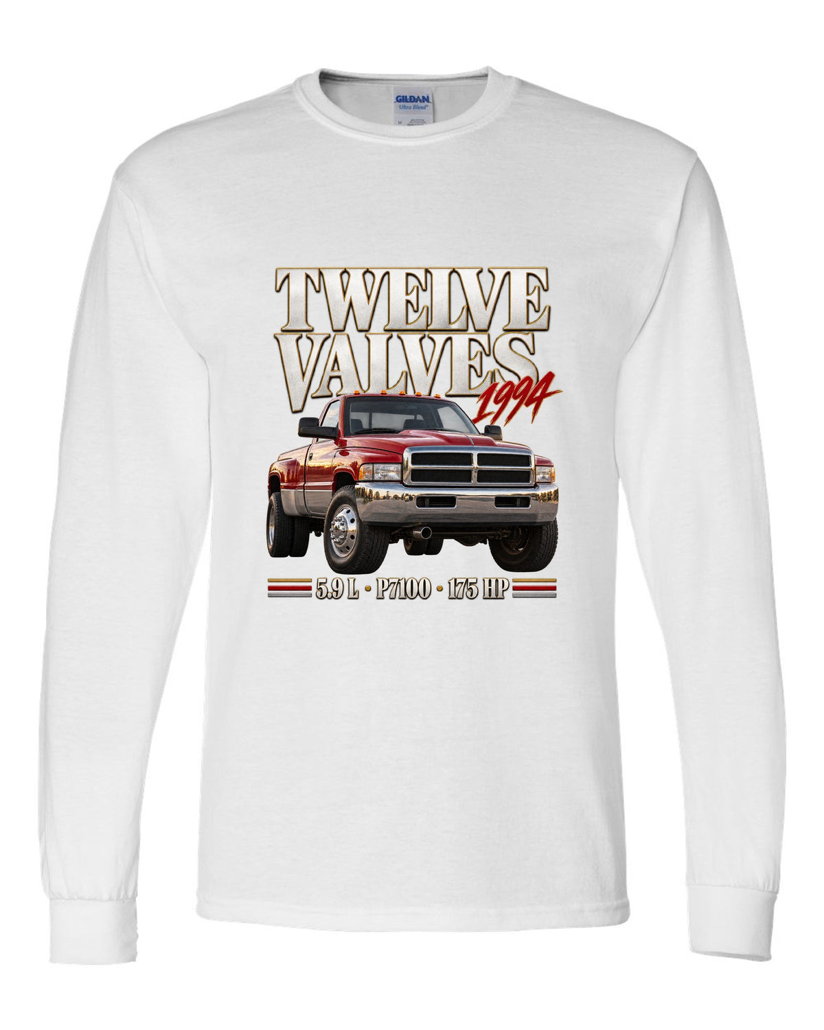 Editorial print of a 1994-98 Ram 2500 Cummins 5.9 12V with P7100 pump lettering white long sleeve front view with the design