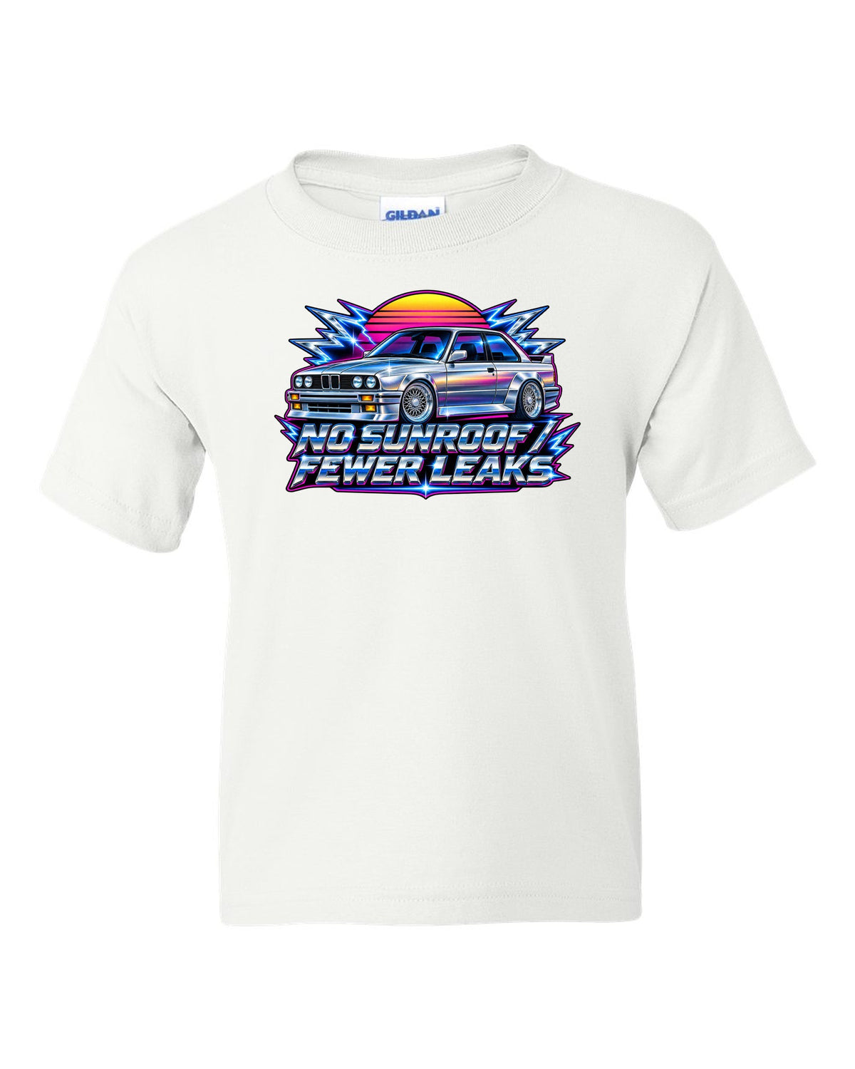 80s chrome airbrush print of a BMW E30 M3 with no sunroof fewer leaks text white kids tee front view with the design