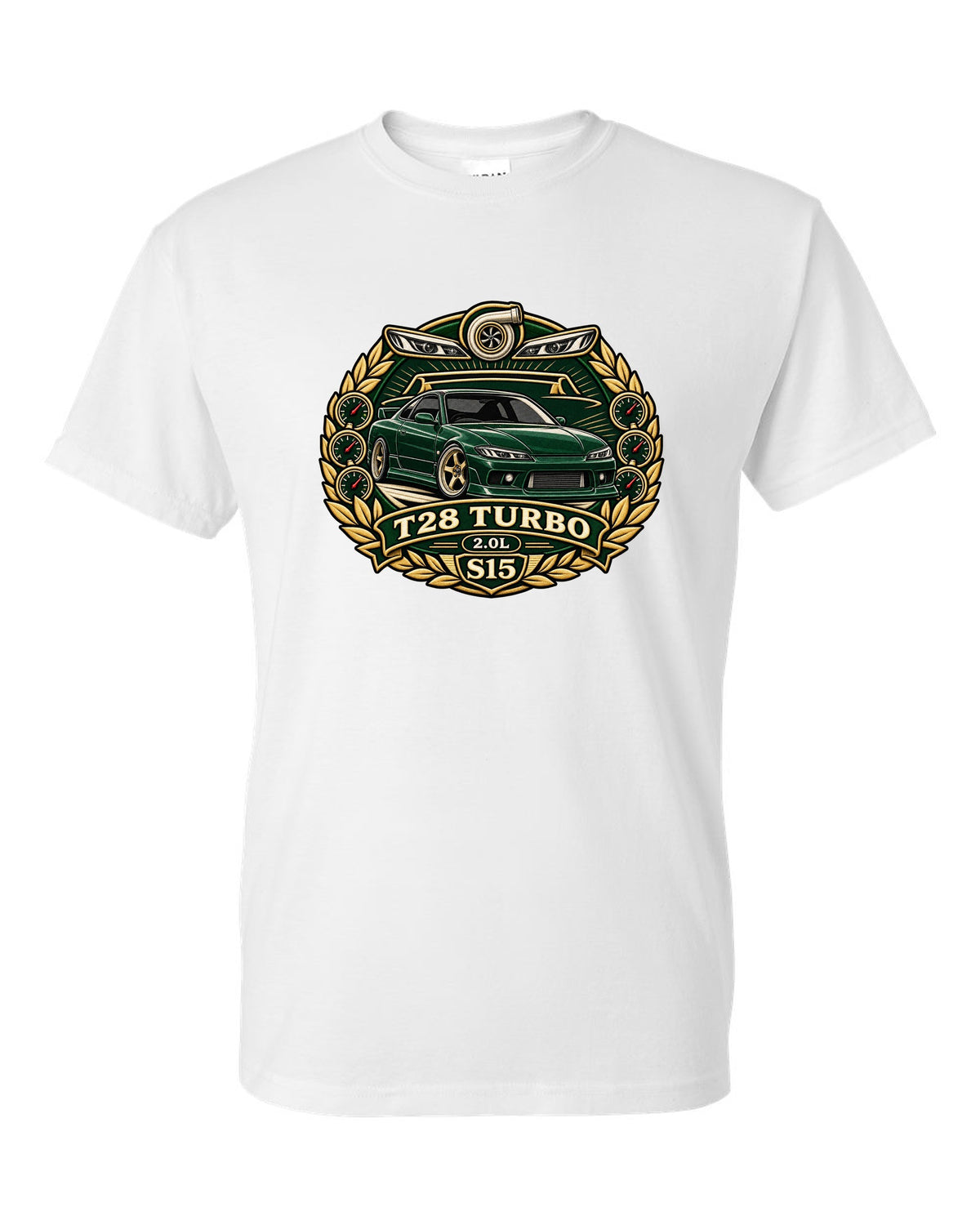 Round crest print for the Nissan Silvia S15 with turbo 2.0L engine lettering white t-shirt front view with the design