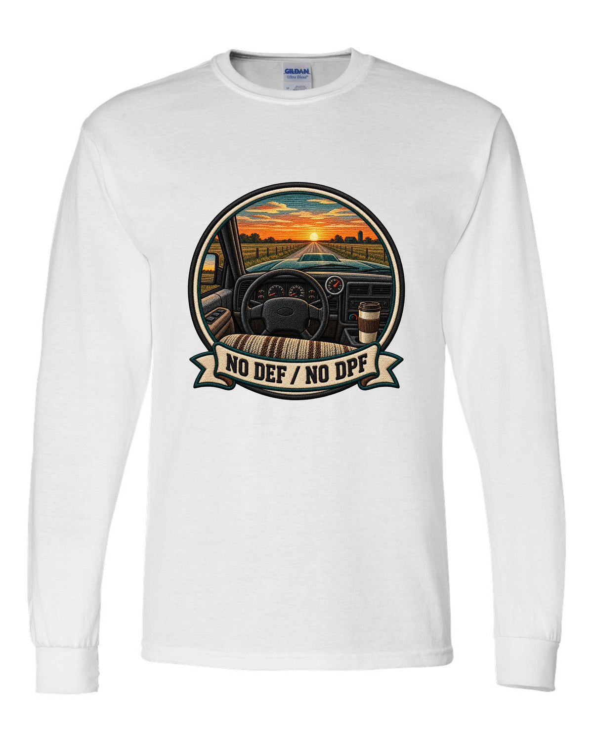 Varsity crest design of a 1998.5-2002 Dodge Ram 2nd gen 24V cab interior with the words No DEF No DPF white long sleeve front view with the design
