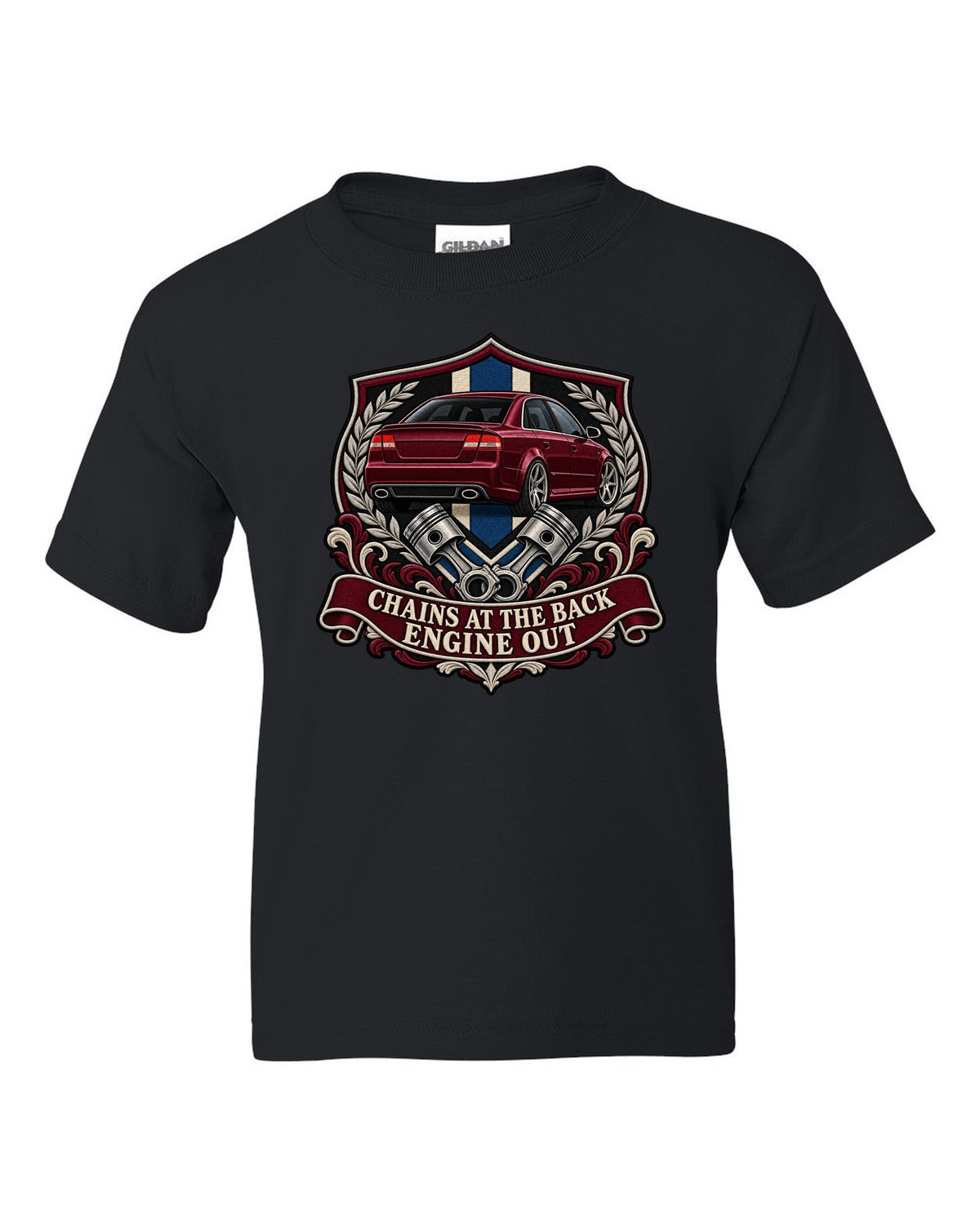 Varsity seal print of an Audi S4 B7 sedan with Engine Out text black kids tee front view with the design