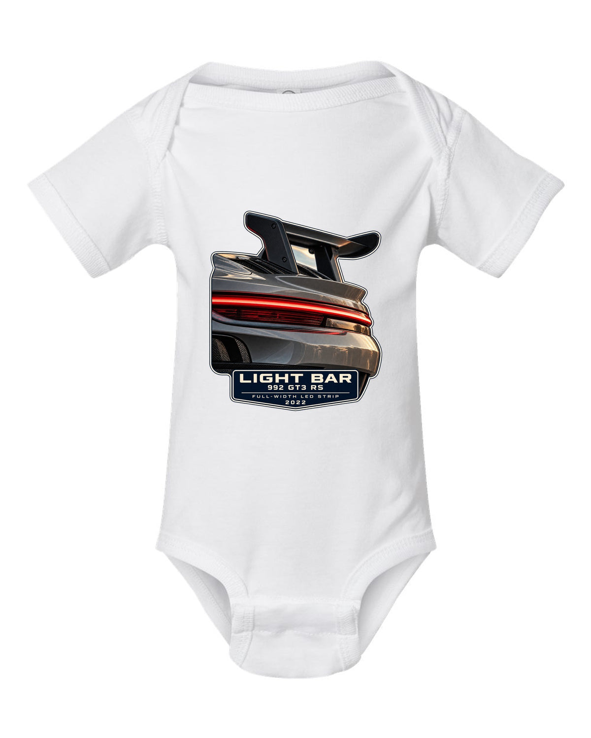 Porsche 992 GT3 RS taillight macro light bar print design white baby onesie front view with the design