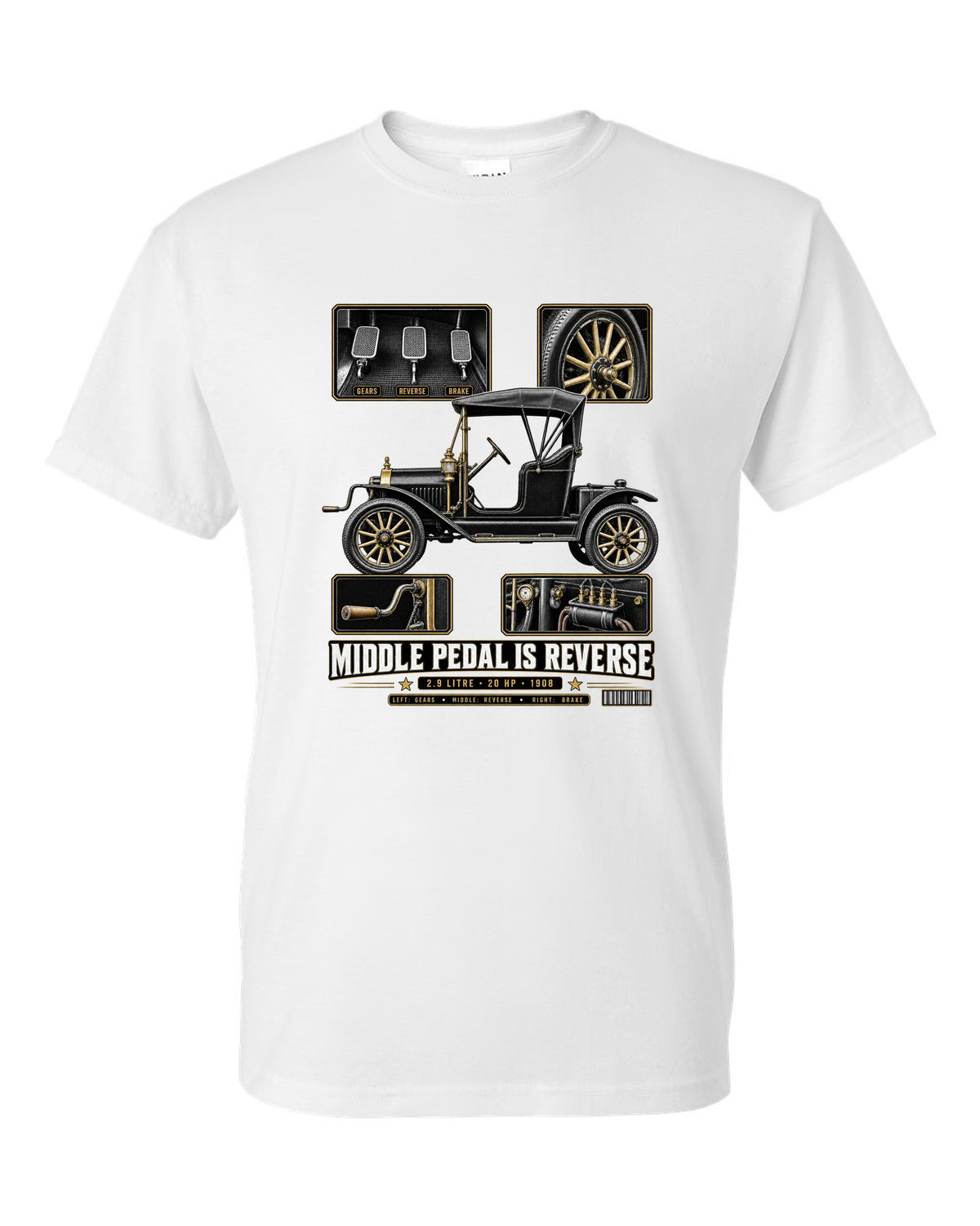 Dossier panel print of a Ford Model T runabout showing its three pedals white t-shirt front view with the design