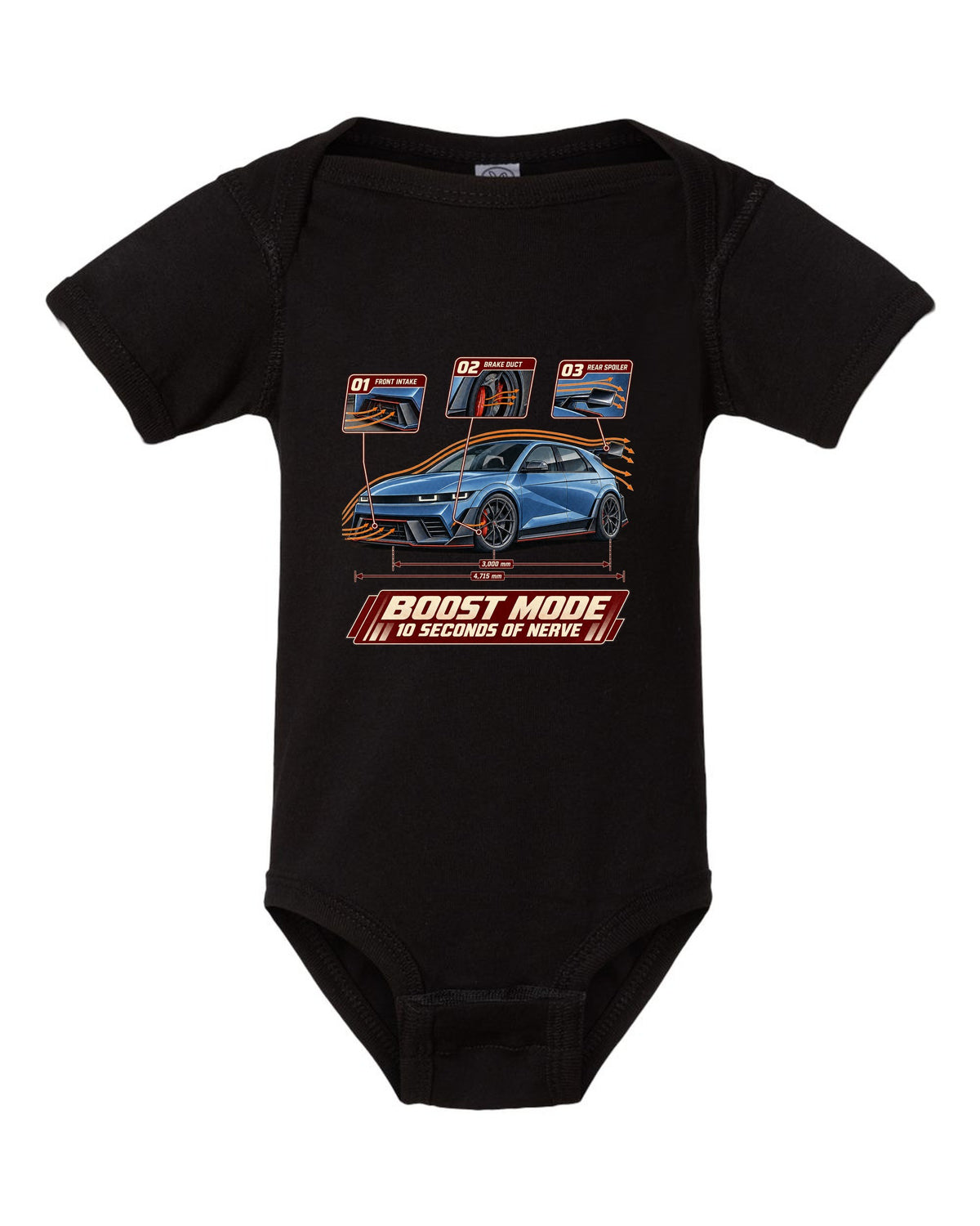 Hyundai Ioniq 5 N aero cutaway callouts print black baby onesie front view with the design
