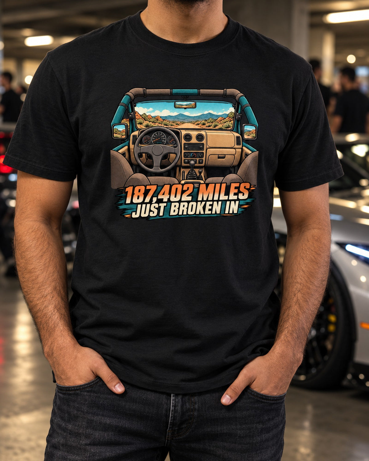 Jeep Wrangler TJ Sun-Faded Dashboard Halftone Tee, 187,402 Miles T-Shirt Black worn hero