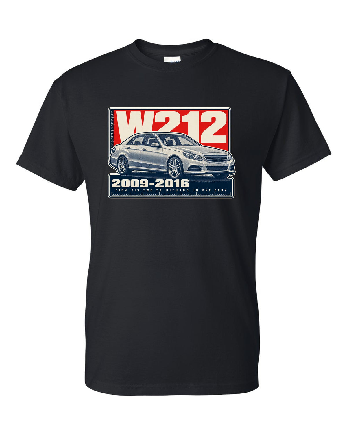Halftone print of a Mercedes-AMG E63 W212 sedan black t-shirt front view with the design