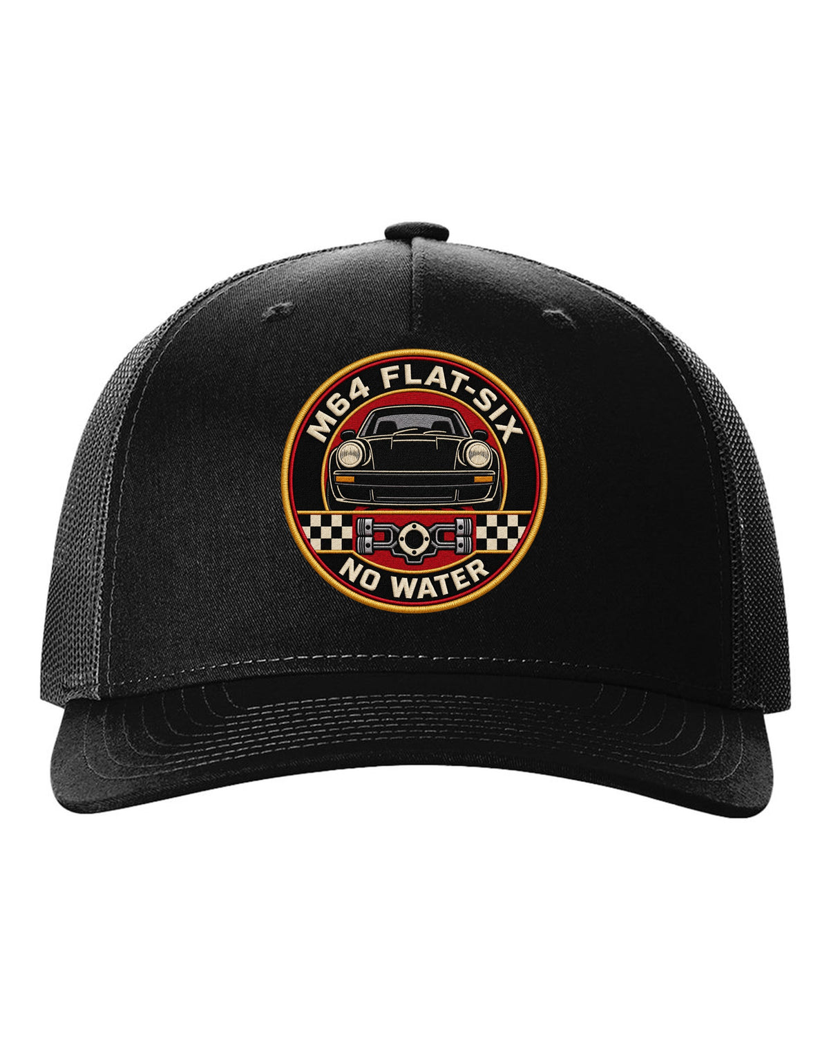Round embroidery-style crest print for the Porsche 911 Turbo 964 with M64 flat-six no water lettering black hat front view with the design