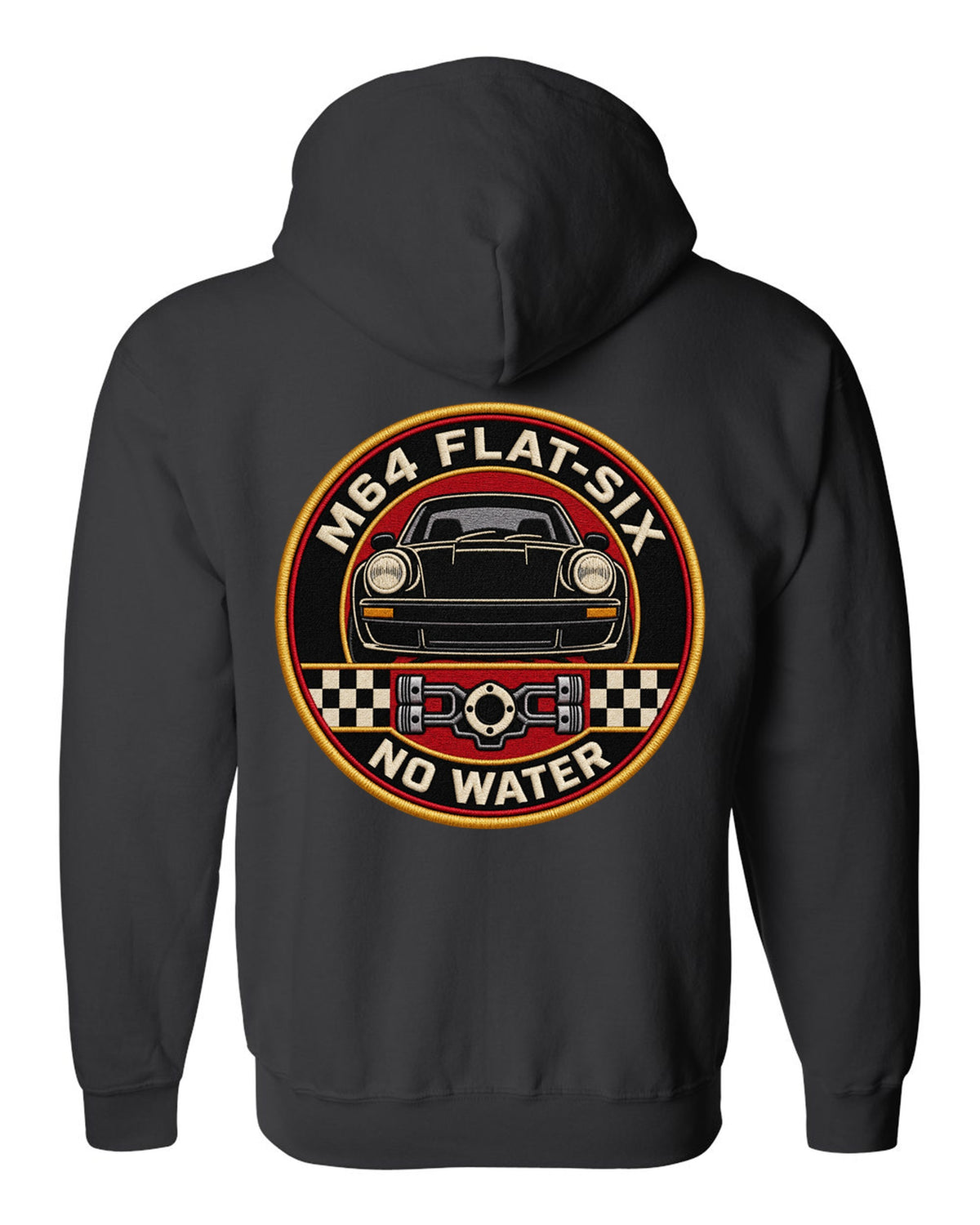 Round embroidery-style crest print for the Porsche 911 Turbo 964 with M64 flat-six no water lettering black zip hoodie back view with the design