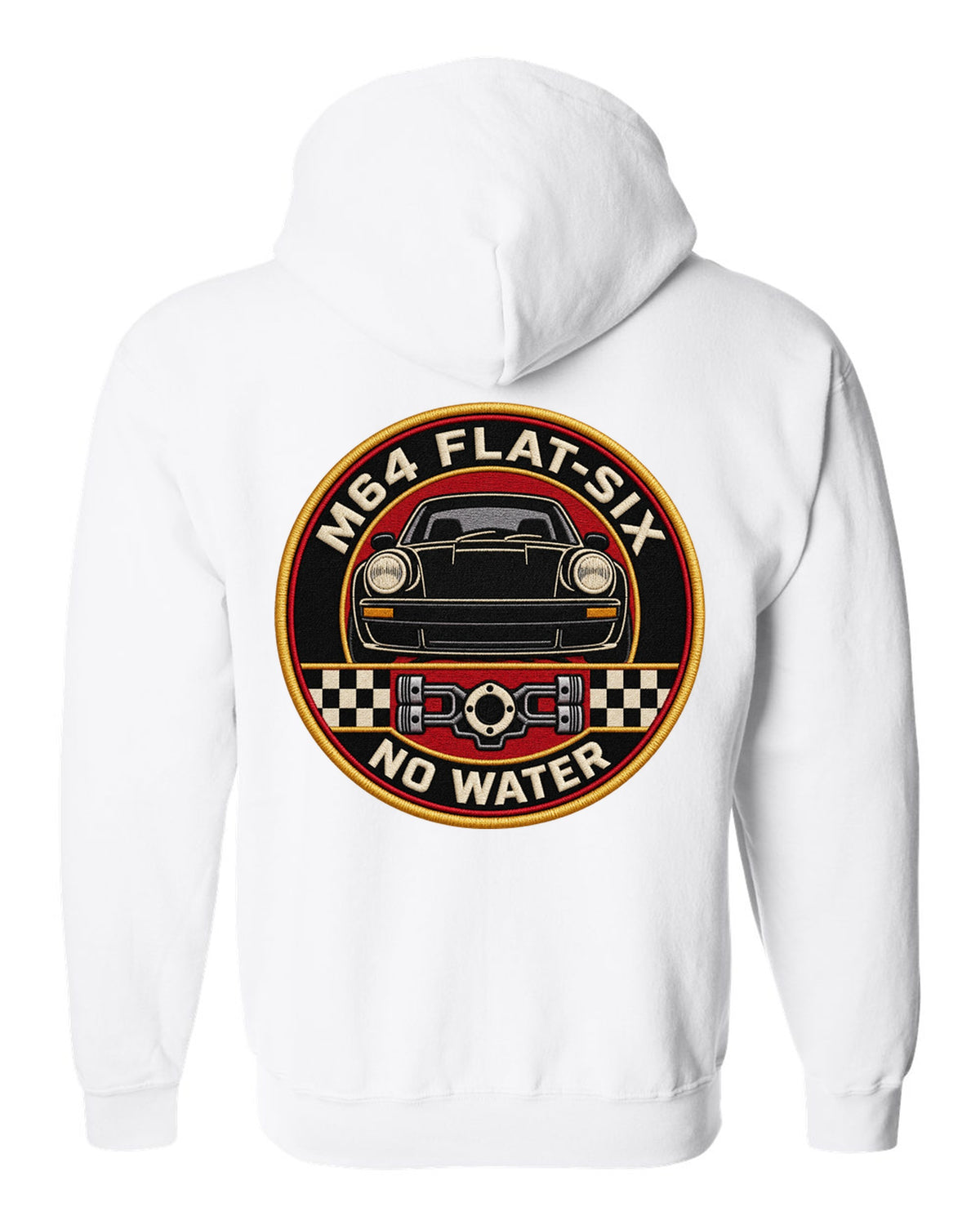 Round embroidery-style crest print for the Porsche 911 Turbo 964 with M64 flat-six no water lettering white zip hoodie back view with the design