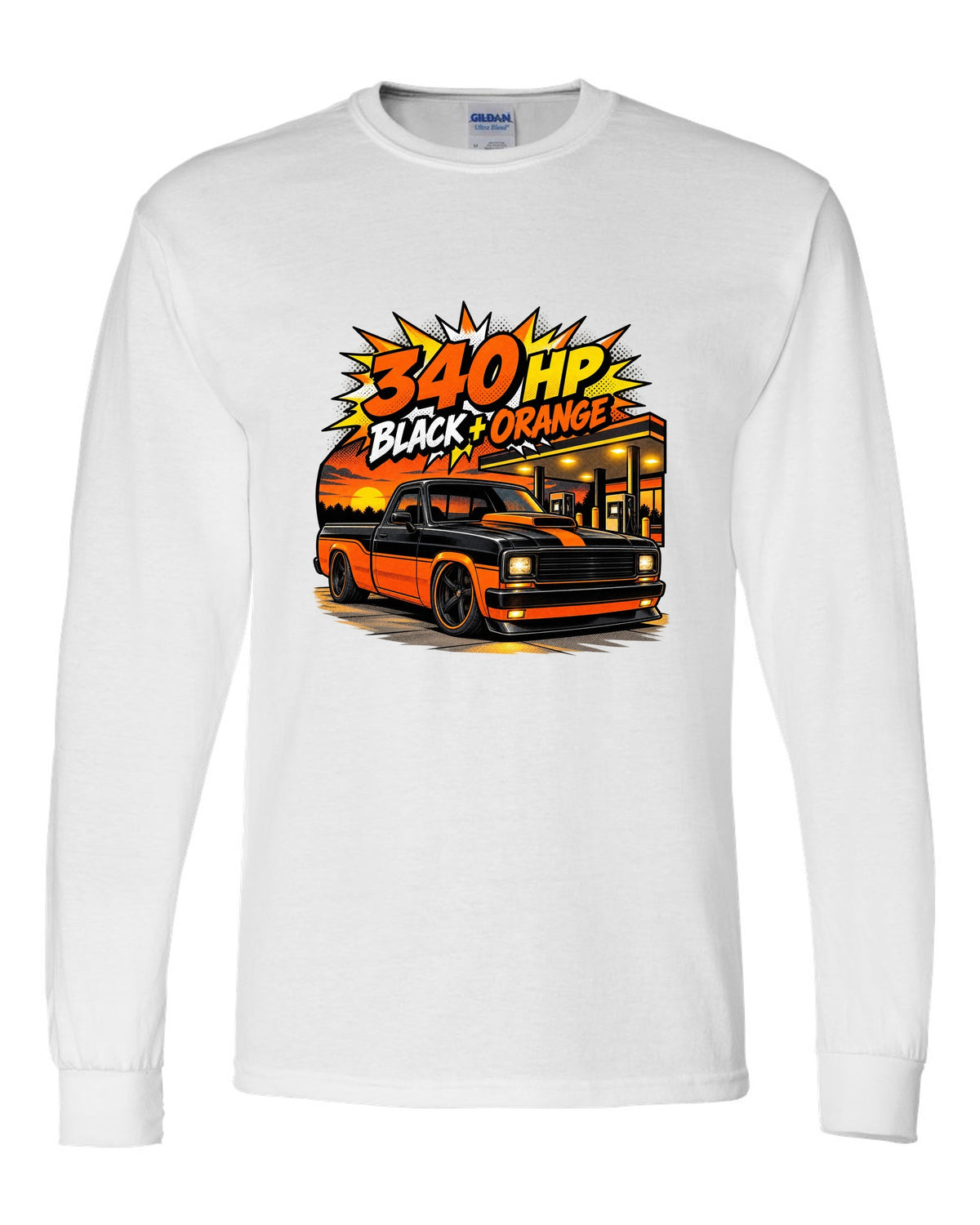 Ford F-150 SVT Lightning Harley edition in a comic halftone pop-art print white long sleeve front view with the design