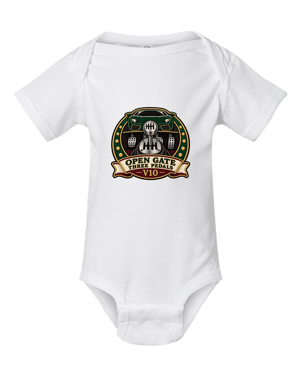 Embroidery-style crest of a 2004 Lamborghini Gallardo gated six-speed with open gate text white baby onesie front view with the design