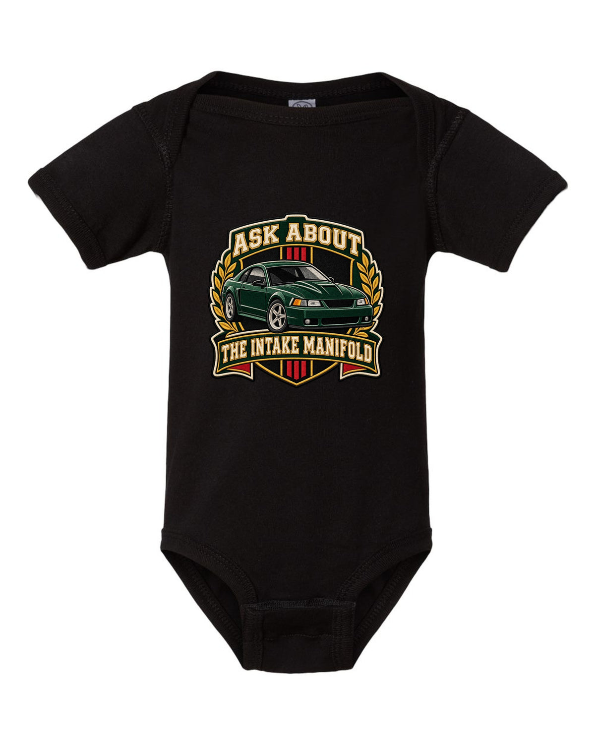 Varsity crest of a Ford Mustang New Edge coupe with intake manifold text black baby onesie front view with the design