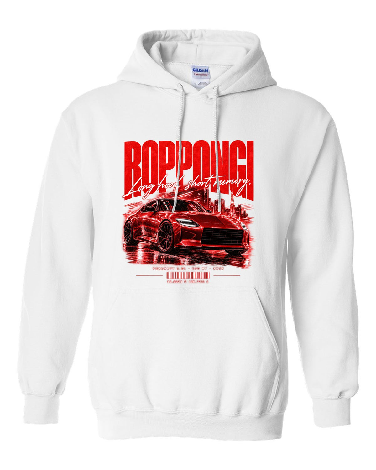 Street poster print of a Nissan Z RZ34 with Roppongi coordinates and VR30DDTT text white pull over hoodie front view with the design