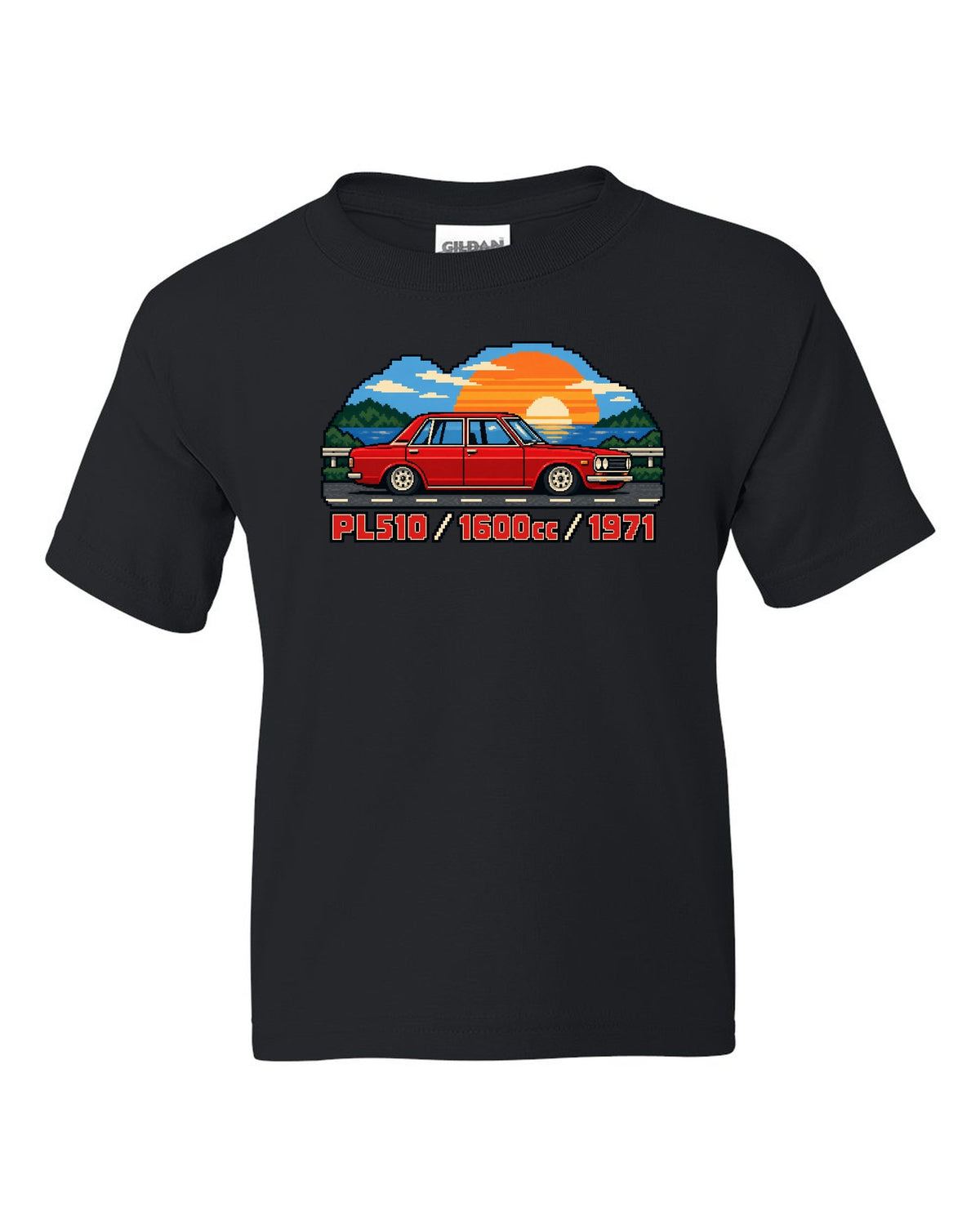 16-bit pixel art of a 1971 Datsun 510 PL510 sedan with 1600cc lettering black kids tee front view with the design
