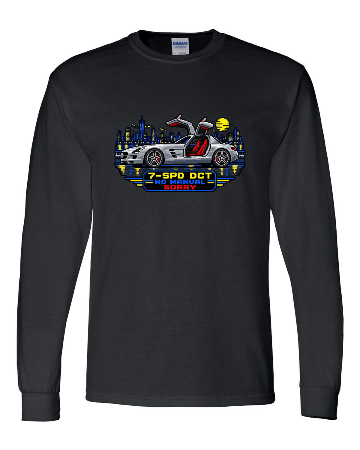 16-bit pixel art Mercedes SLS AMG C197 gullwing with 7-SPD DCT No Manual Sorry text black long sleeve front view with the design